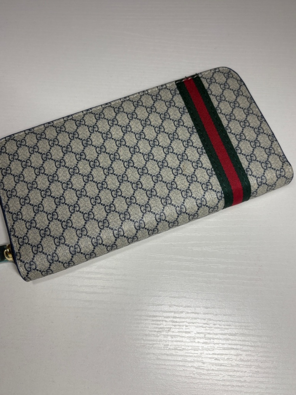 Navy Zip-Around Leather Wallet with Gold Hardware